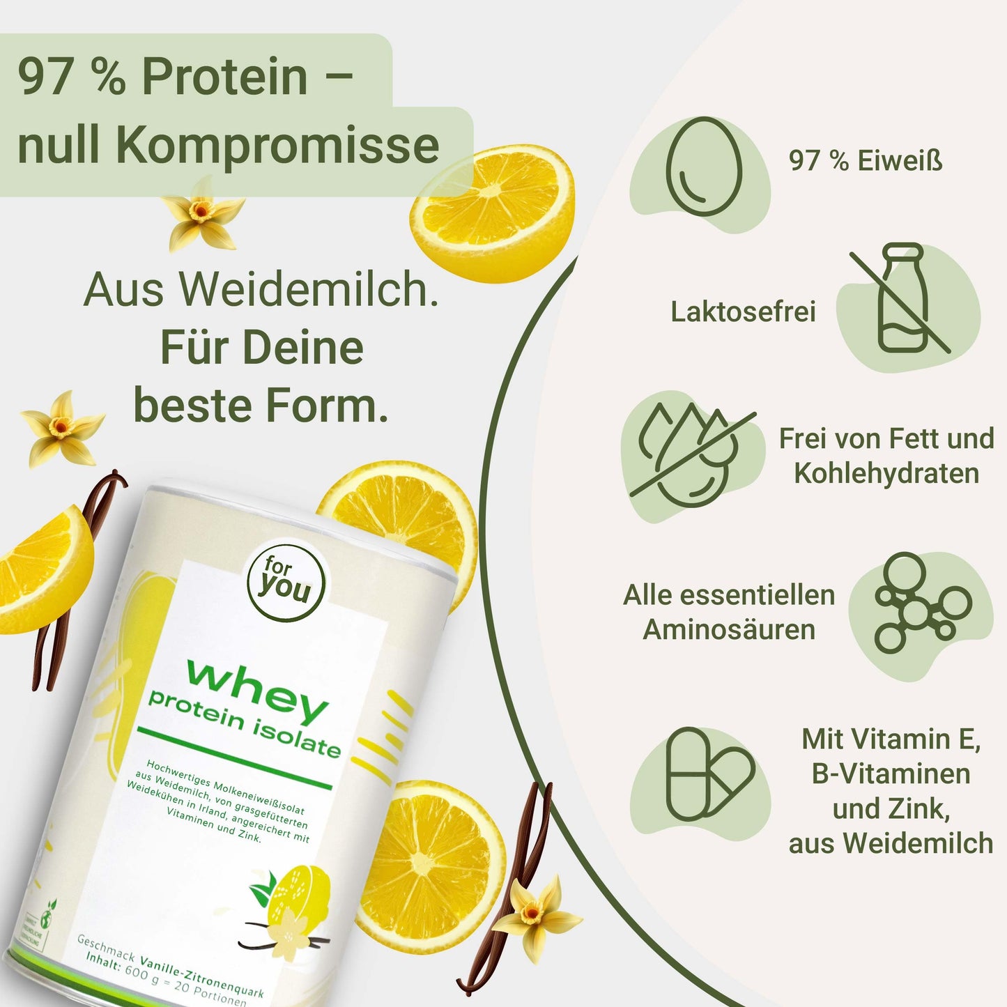 for you Whey Protein Isolate Vanilla Lemon Curd 600 g - 97% Protein, Whey Protein from Pasture Milk - Lactose Free, Soy Free - Creamy Protein Shake - Contains All Essential Amino Acids