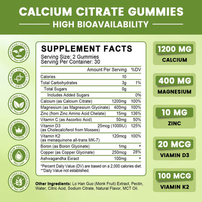 Calcium Citrate Gummies for Women, 1200mg Calcium Citrate Magnesium with Vitamin C D3 K2, Absorption Calcium Supplements for Bone, Muscle, Immune, Sugar Free (120Count) GONGOTABuy Supplements Australia