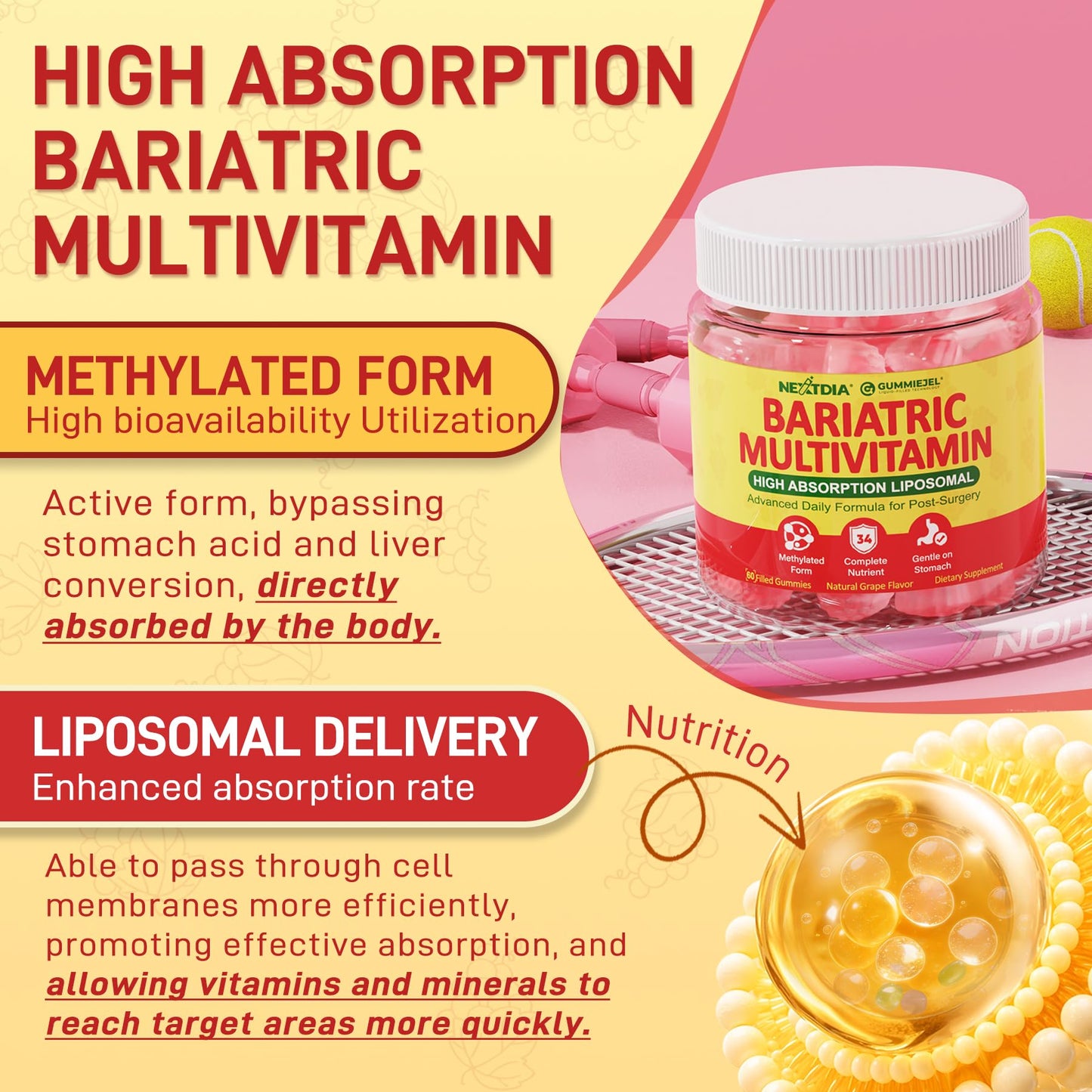 Liposomal Methylated Bariatric Multivitamin Gummies with Iron for Women & Men, High Absorption Multivitamin w/CoQ 10, Probiotic, Digestive Enzymes Support Gastric Bypass & Sleeve Recover, Energy,1Pack NextdiaBuy Supplements Australia