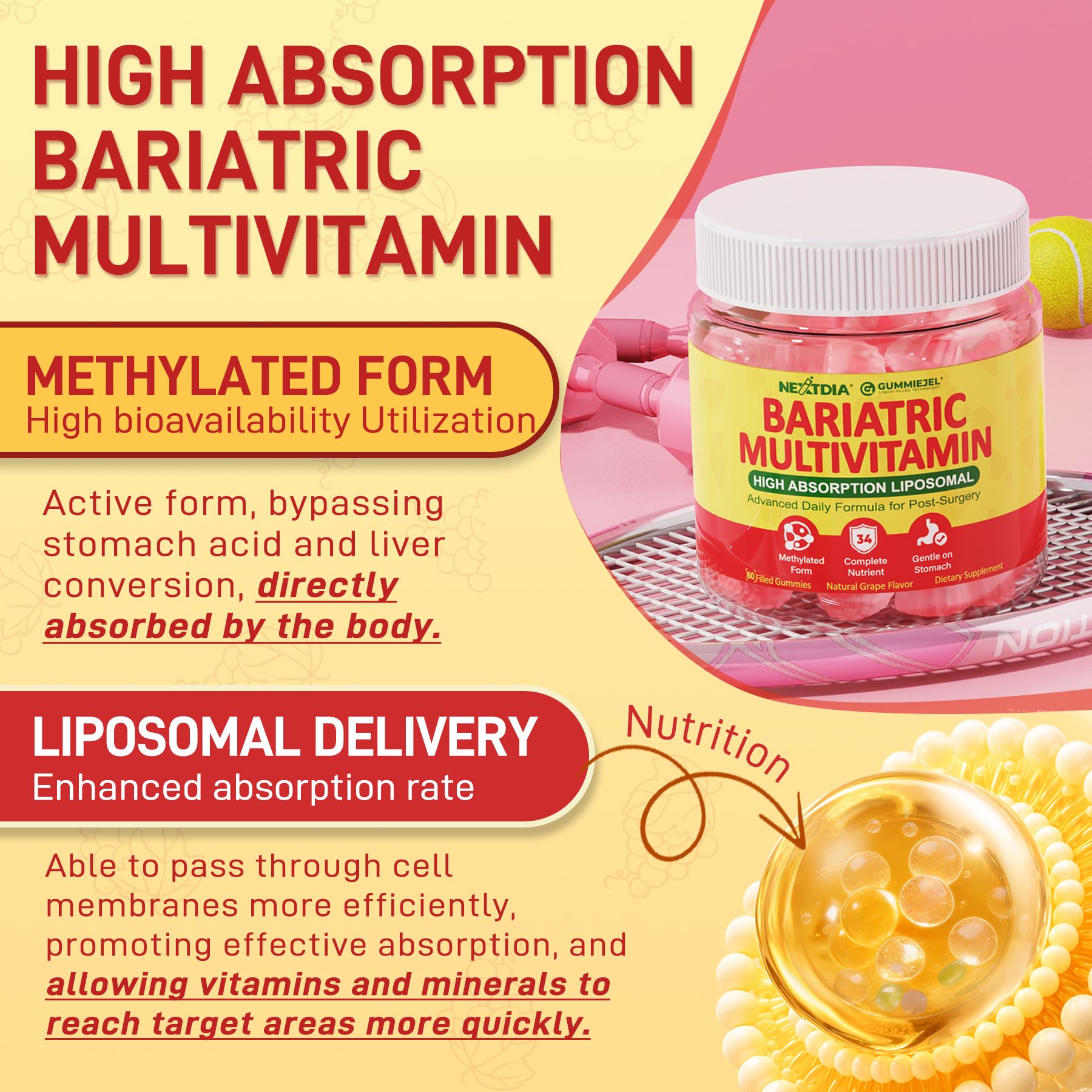 Liposomal Methylated Bariatric Multivitamin Gummies with Iron for Women & Men, High Absorption Multivitamin w/CoQ 10, Probiotic, Digestive Enzymes Support Gastric Bypass & Sleeve Recover, Energy,1Pack NextdiaBuy Supplements Australia