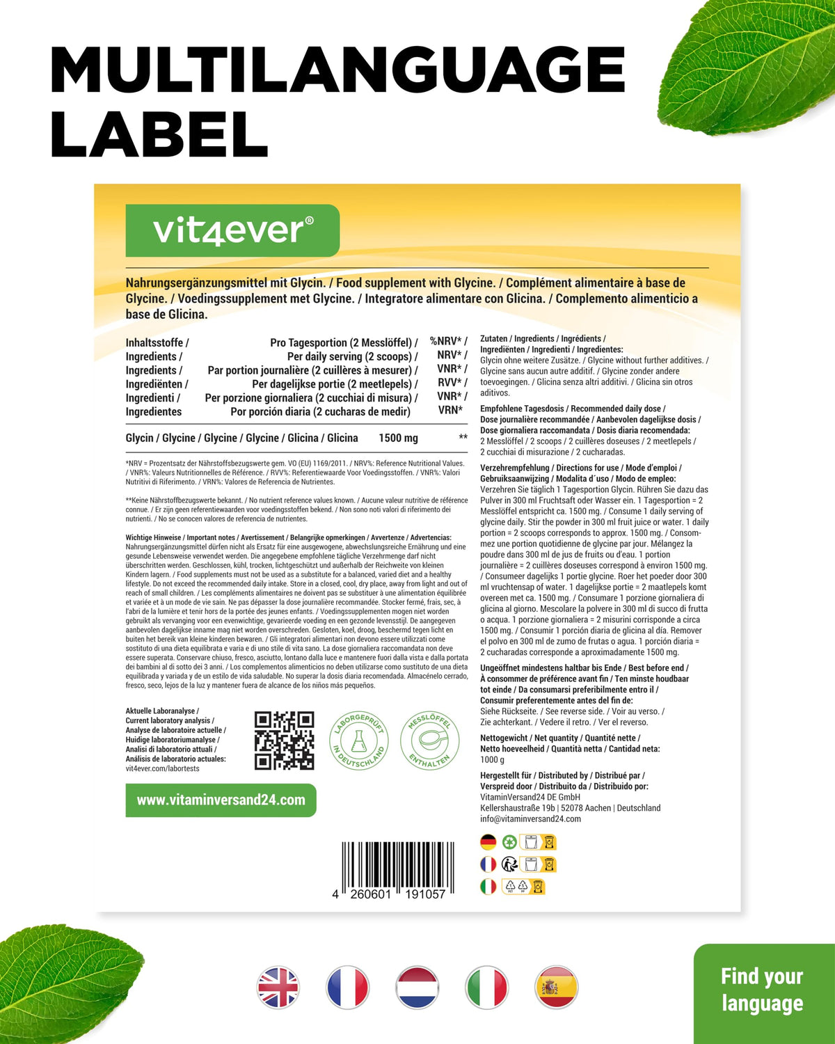 vit4ever Glycine Pure - 1000 g Powder - Naturally Sweet | Optimal dosage including measuring spoon, bioactive L-shape (L-glycine), without additives, laboratory tested, vegan