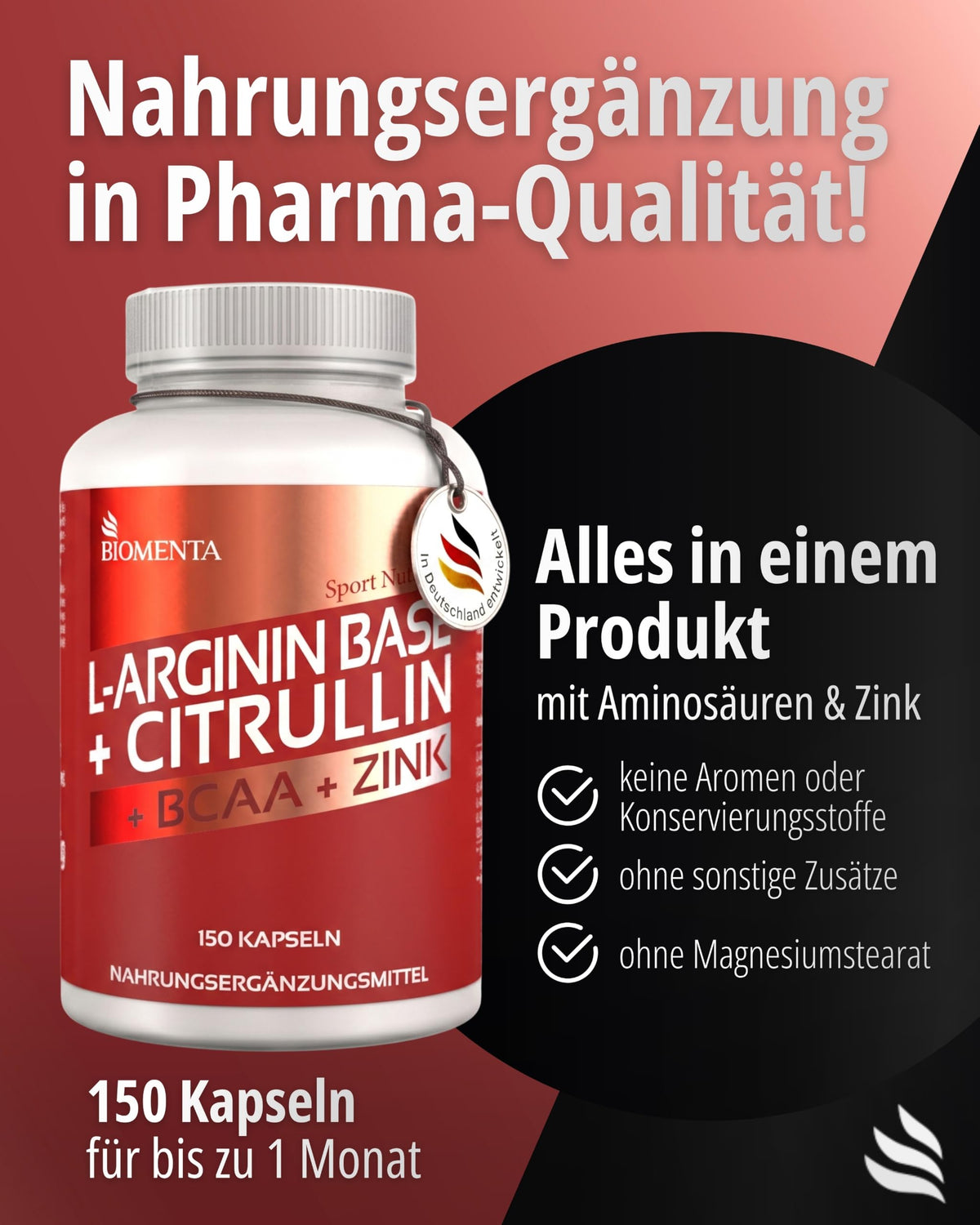 BIOMENTA L-Arginine Base + Citrulline + BCAA + Zinc I 150 Capsules with 1100 mg Amino Acids per Unit I Pre Workout Dietary Supplement without Additives I Laboratory Tested Quality