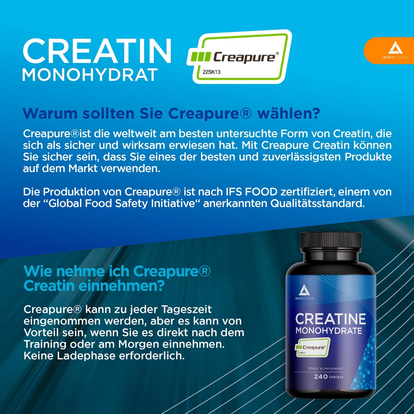 Creatine Creapure 240 Tablets | Creatine Monohydrate Pure Creapure Creatine 3000 mg | Gluten Free, Vegan, Tasteless | 240 Creatine Capsules Monohydrate Creapure | Bodyathlon