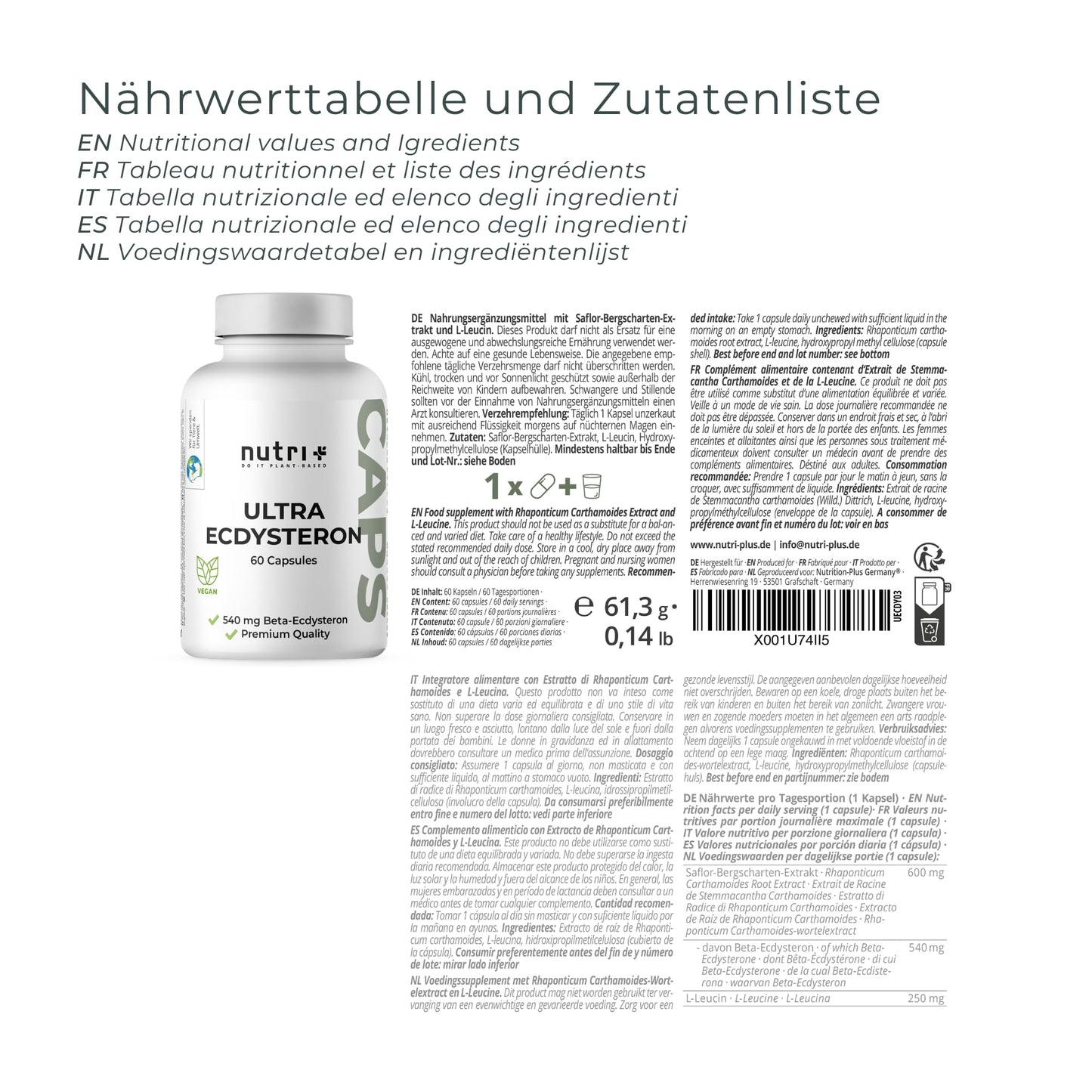 Nutri + Ultra Ecdysterone + Leucine Capsules High Dose - 790 mg Active Ingredient Complex per Capsule - 540 mg Beta Ecdysterone 90% 250 mg L-Leucine Powder Vegan