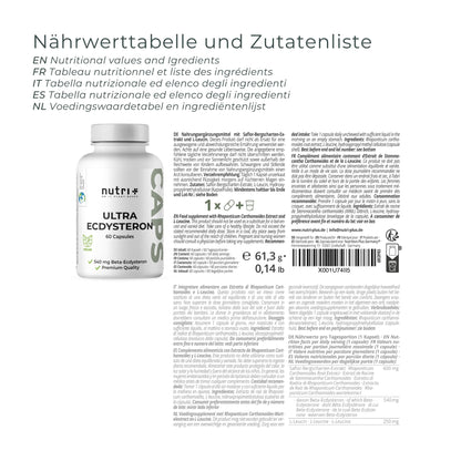Nutri + Ultra Ecdysterone + Leucine Capsules High Dose - 790 mg Active Ingredient Complex per Capsule - 540 mg Beta Ecdysterone 90% 250 mg L-Leucine Powder Vegan