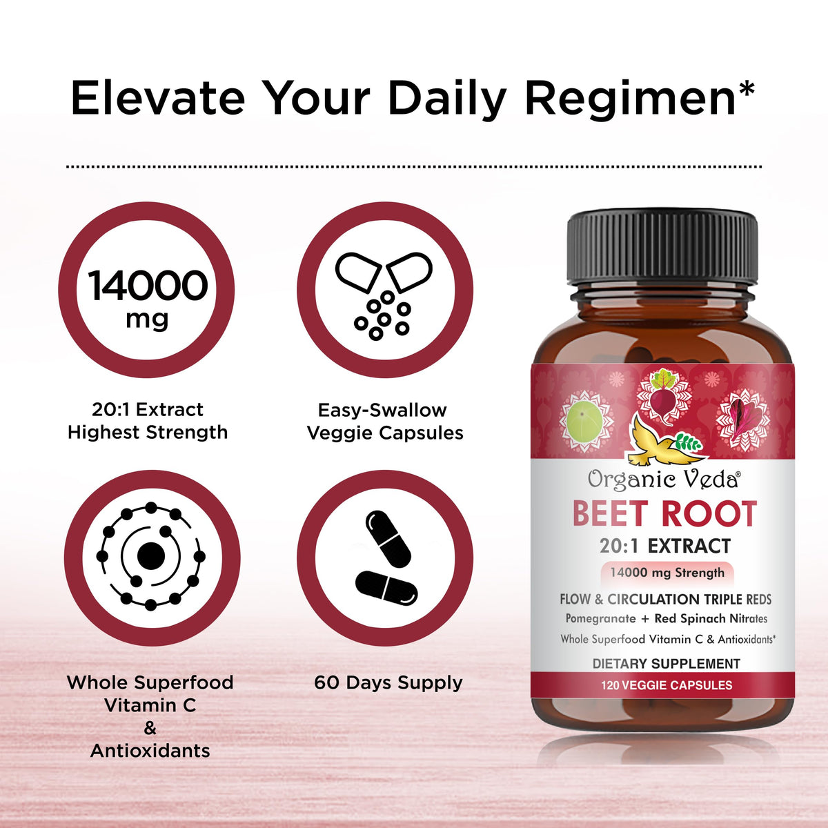 Organic Veda Beet Root Capsules - Triple Reds Nitric Oxide Beets Supplements - Concentrated Nitrates and Vitamin C Blend of Beet Root Extract, Red Spinach, Pomegranate, Black Pepper - 120 Capsules