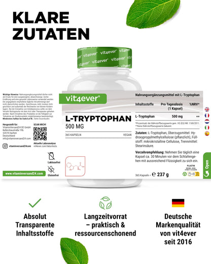 vit4ever L-Tryptophan - 365 Capsules - High Dose with 500 mg per Capsule | 12 months range - From vegetable fermentation - Without unnecessary additives - Vegan - Laboratory tested