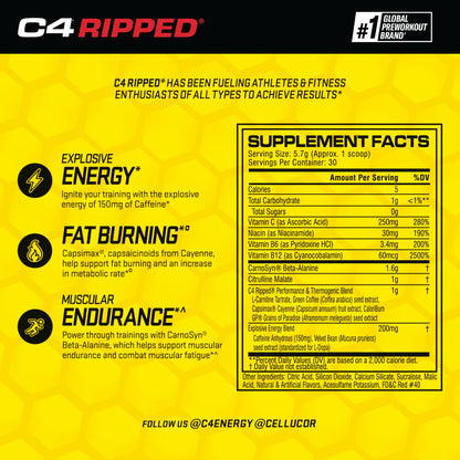 Cellucor C4 Ripped Pre Workout Powder Cherry Limeade | Creatine Free + Sugar Free CellucorBuy Supplements Australia