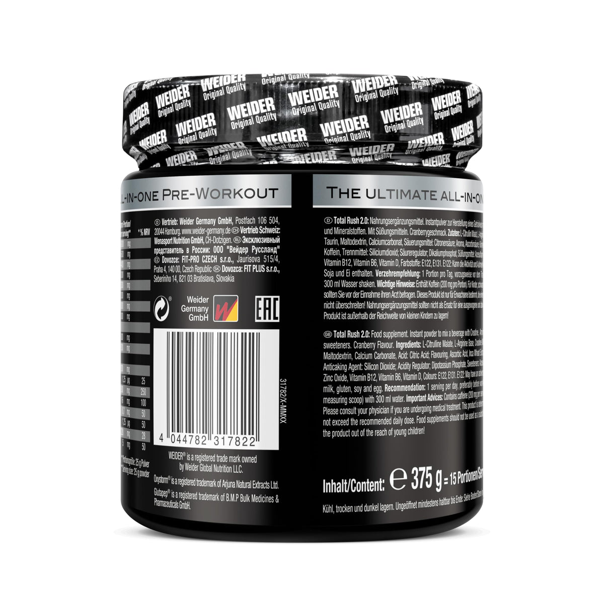 Weider Total Rush 2.0 Powder, 375 g, Cranberry | High-intensity pre-workout powder, with L-citrulline, L-arginine, creatine and caffeine