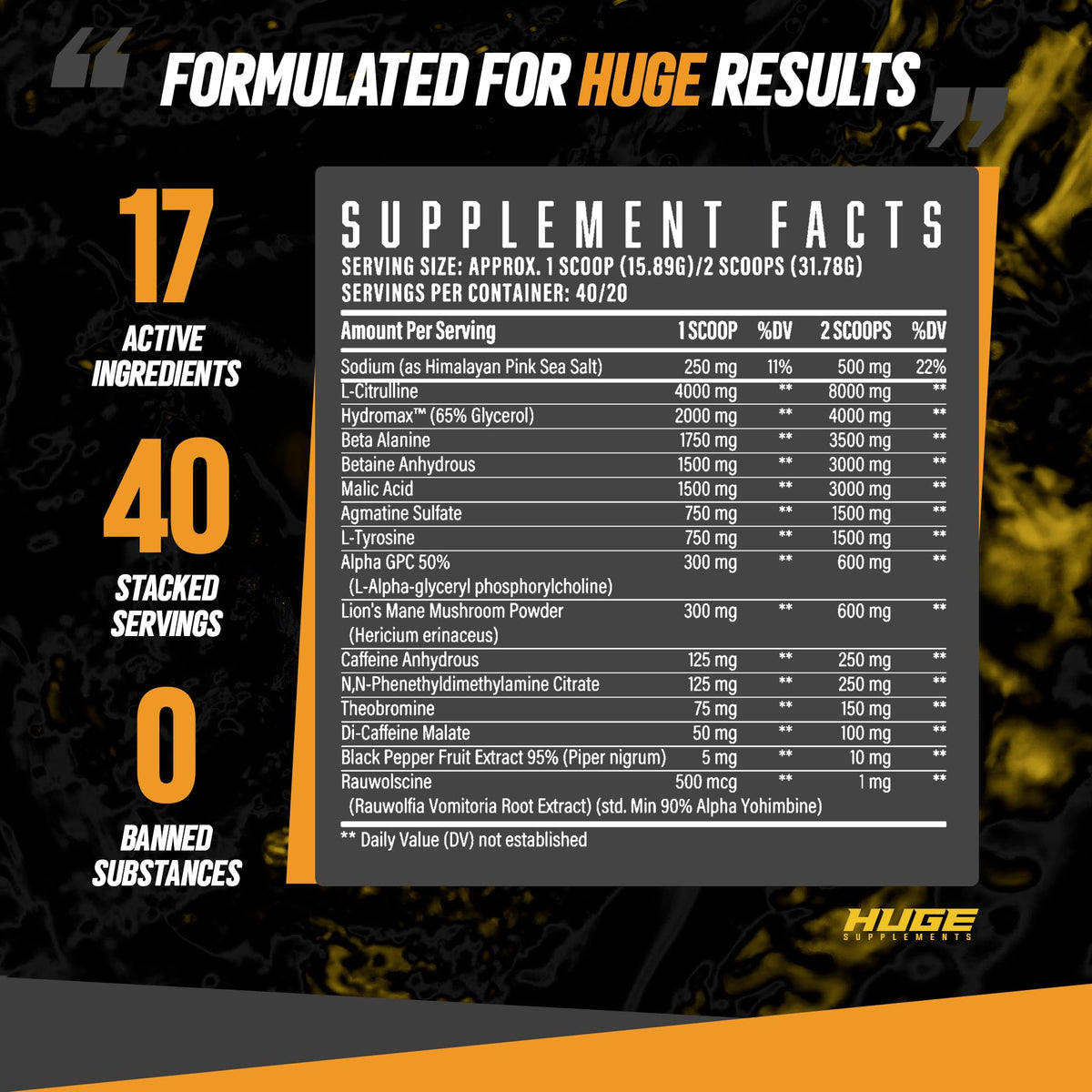 Huge Supplements Wrecked Pre-Workout, 30G+ Ingredients Per Serving to Boost Energy, Pumps, and Focus with L-Citrulline, Beta-Alanine, Hydromax, and No Useless Fillers, 40 Servings (Orange Burst)