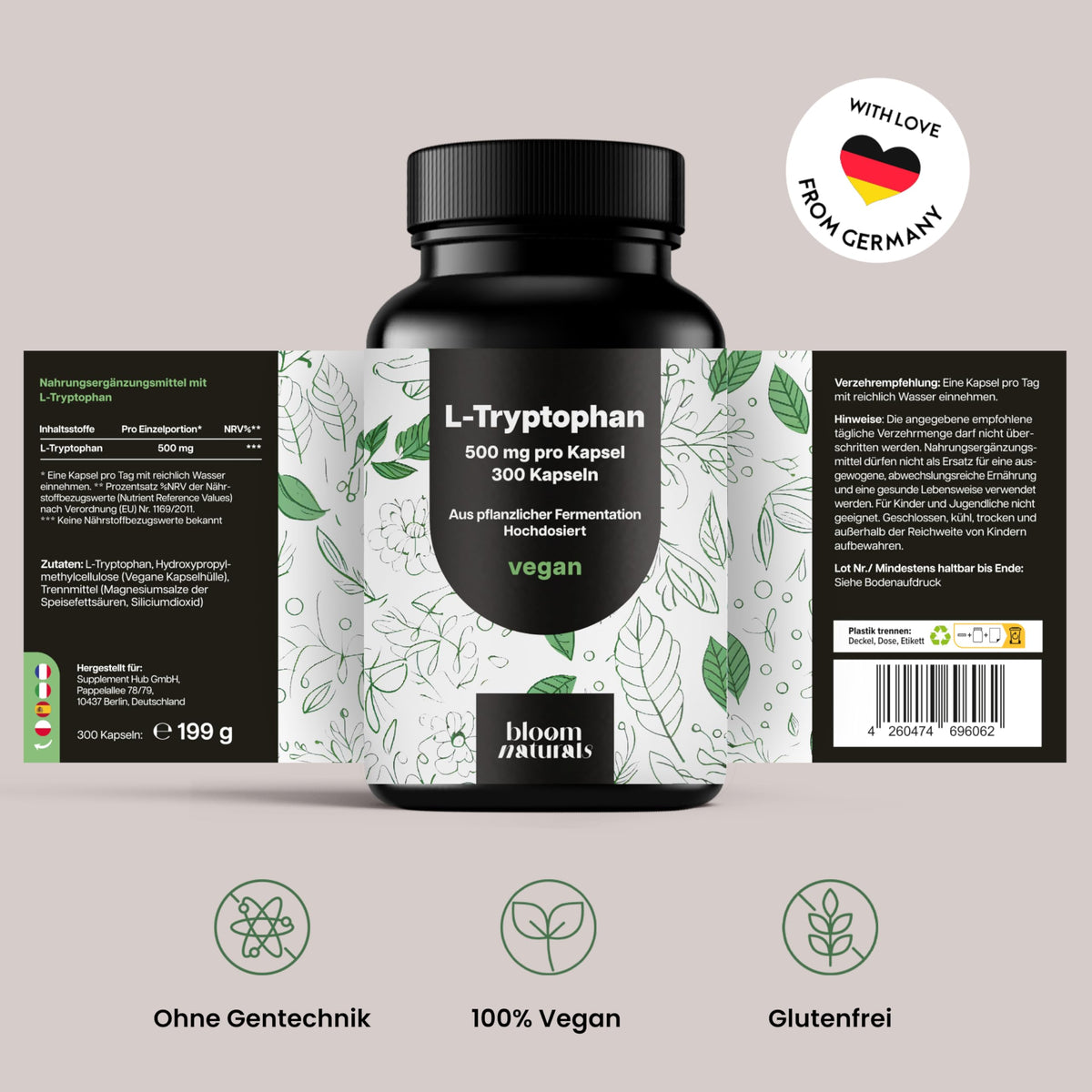 L-Tryptophan High Dose - 300 Capsules - 500 mg per Capsule | Made from vegetable fermentation - vegan, produced in Germany, laboratory tested