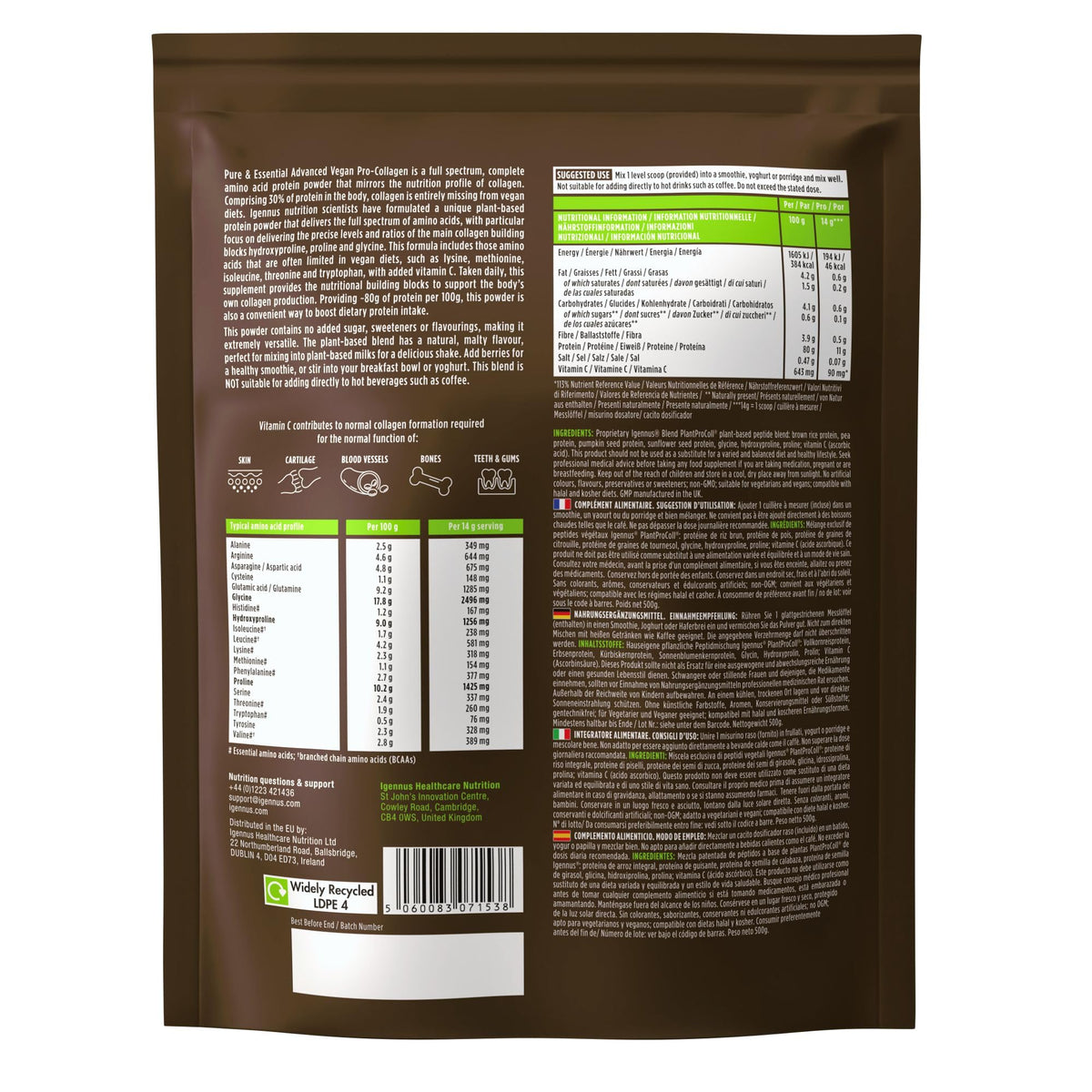 Igennus Collagen Powder Vegan with Vitamin C, Vegetable Peptide Collagen with 21 Amino Acids and 80% Protein Protein, No Additives, 500 g