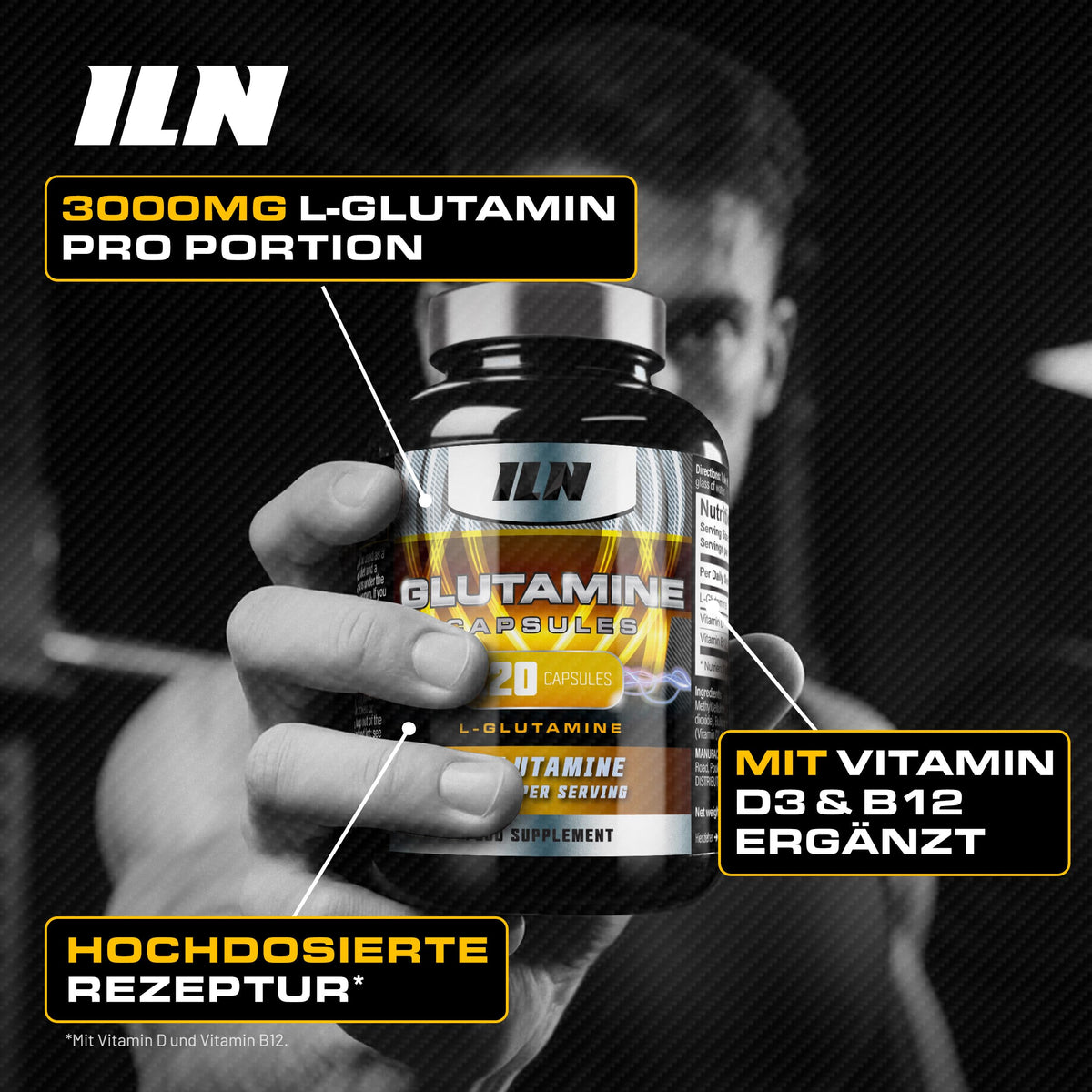 L-Glutamine Capsules - 3000mg with Vitamin D & B12 - 120 Capsules