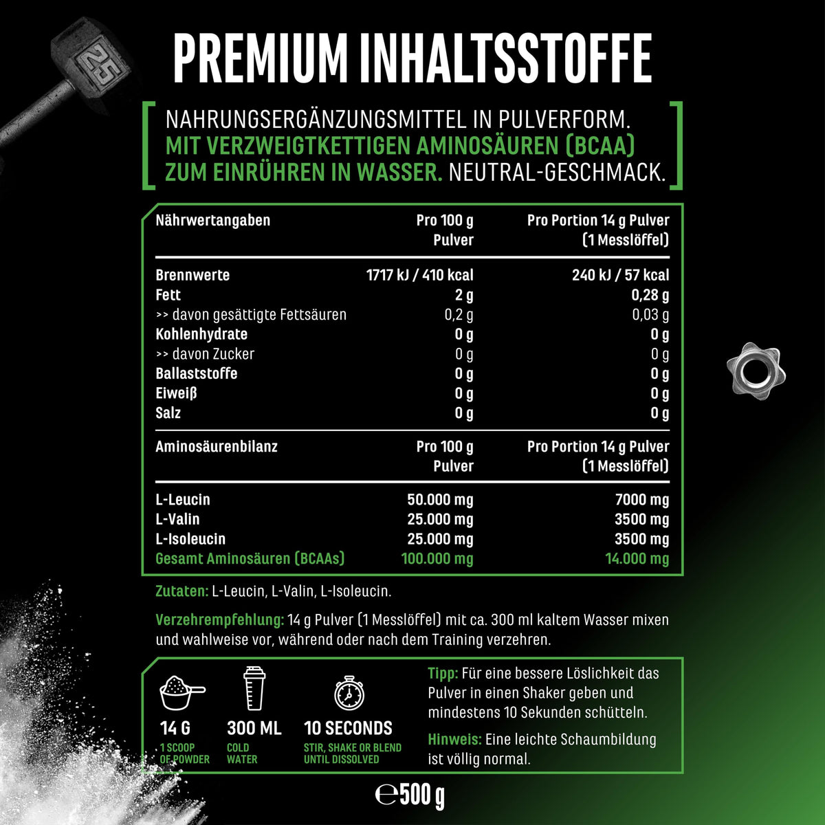 Gen German Elite Nutrition BCAA 2:1:1 Powder - 500 g - 35 Applications | With leucine - isoleucine - valine - neutral in taste - vegetable fermentation - without unnecessary additives - vegan