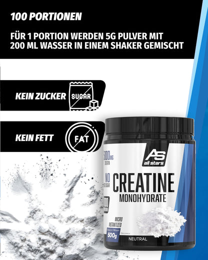 All Stars Creatine Monohydrate Powder High Dose 500 g Vegan | 100% creatine monohydrate 5000 mg per daily ration, without added sugar and artificial additives, lactose and gluten free