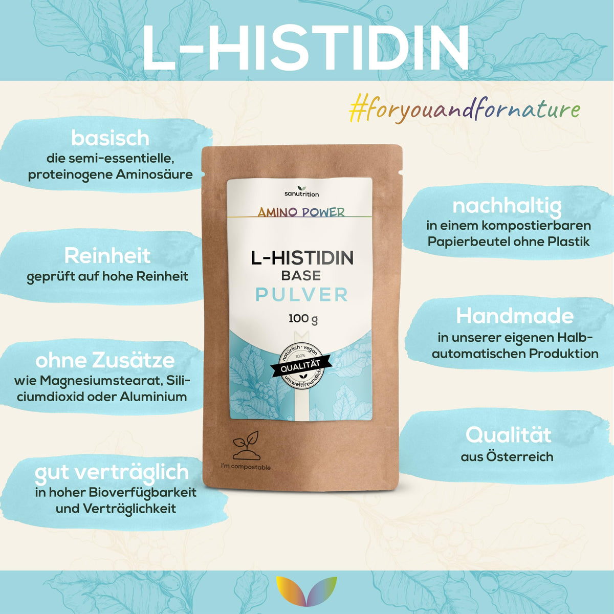 L-Histidine Base Powder, 100 g Bag, Pure Material Product, Vegan from Fermentation, Semi-Essential Amino Acid, Quality from Austria Sanutrition