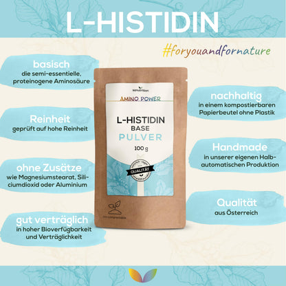 L-Histidine Base Powder, 100 g Bag, Pure Material Product, Vegan from Fermentation, Semi-Essential Amino Acid, Quality from Austria Sanutrition