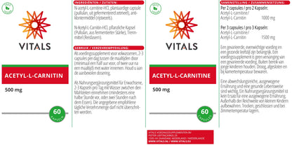 Vitals - Acetyl-L-Carnitine 500mg 60 Capsules, Acetylated Form of L-Carnitine. 100% Vegan. In a vegetable capsule, supplemented with an excipient from a natural source.