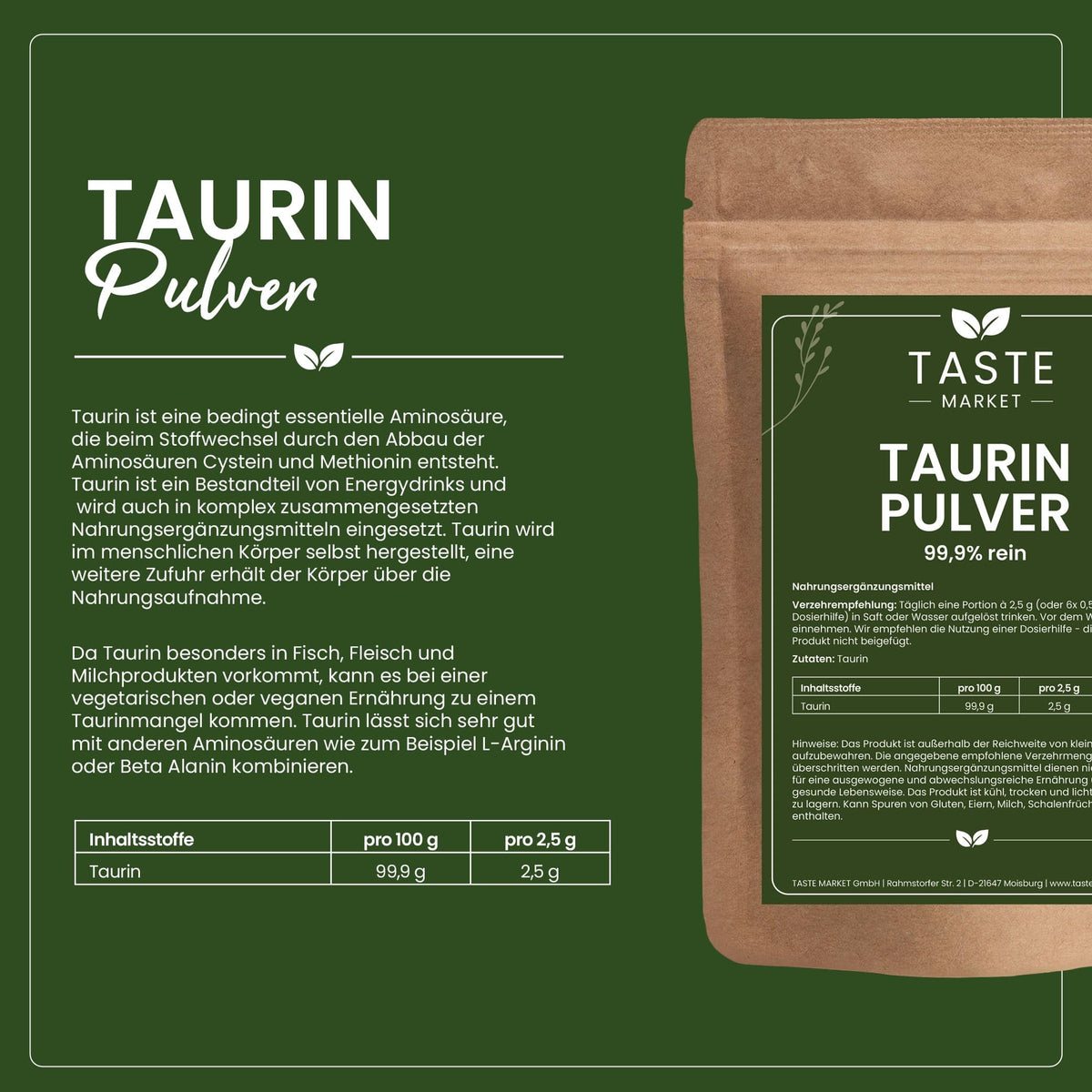 200 g Taurine Powder - Choice of Sizes - No Additives - 99.9% Pure - Muscle Building - Amino Acid Powder