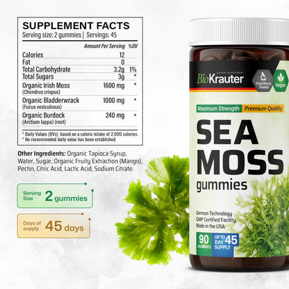 BIO KRAUTER® 3-in-1 Sea Moss for Thyroid Support - Vegan Sea Moss Gummies with Bladderwrack & Burdock Root for Women & Men - 90 Gummies Chondrus Crispus Formula, 45 Days of Supply, Mango Flavor BIO KRAUTERBuy Supplements Australia
