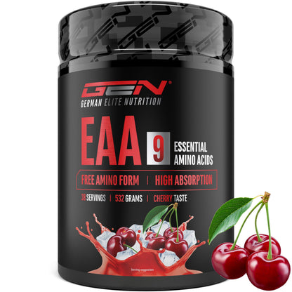 Gen German Elite Nutrition EAA Powder - 532 g - 9 Essential Amino Acids | Cherry - Human Code Formula - Includes Histidine & BCAA - 10 g EAA per Serving - Laboratory Tested