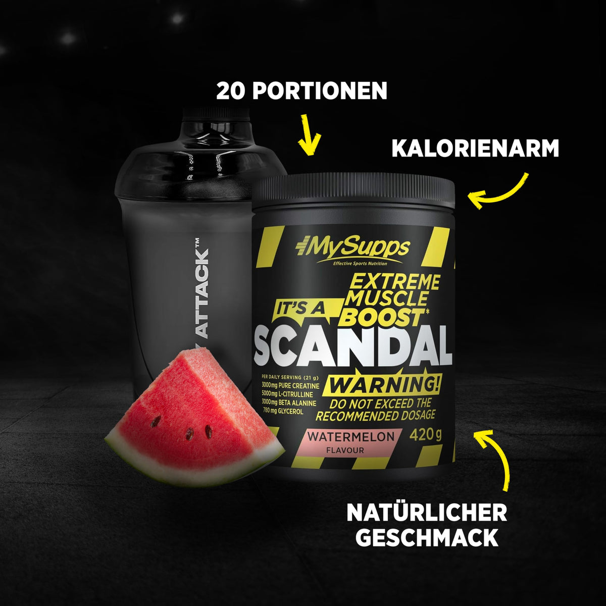 My Supps Scandal Extreme Muscle Pre Workout Training Booster - Watermelon with Creatine, Citrulline, Beta Alanine, Caffeine & Tyrosine for Energy - Gym Nutrition Supplement - 20 Servings 420 g