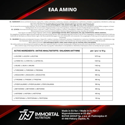 Immortal Nutrition EAA Amino Powder 500 g - Essential Amino Acids Complex with 9 EAAs Including BCAAs - 10 g per Serving - 50 Servings - Instant Drink - Strawberry Flavour