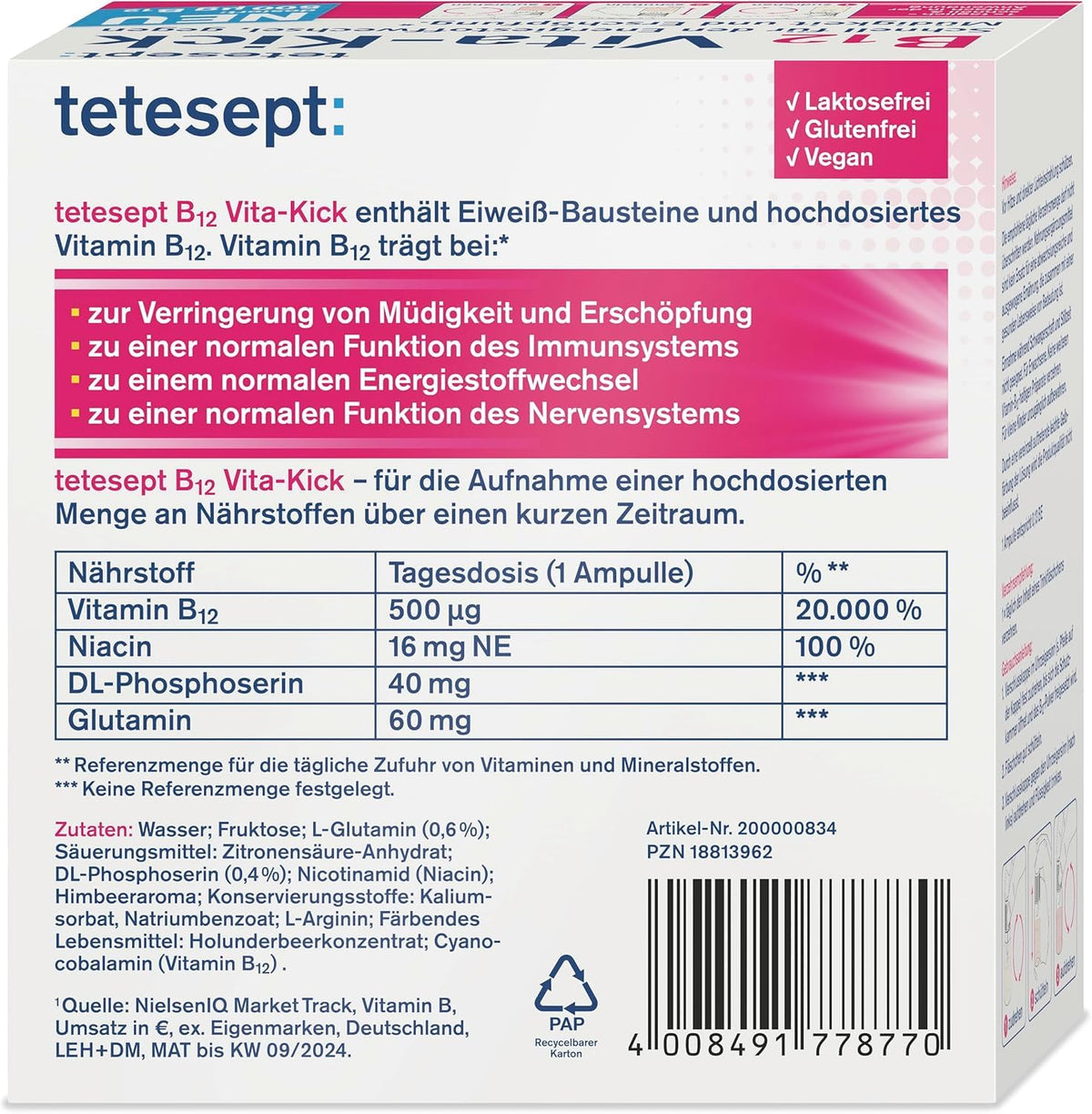 Tetesept B12 Vita-Kick Drinking Pads - Nutritional Supplements for Fast Energy & Performance - Vitamin B12 Ampoules with Protein Building Blocks - Monthly Pack à 28 Drinking Walls