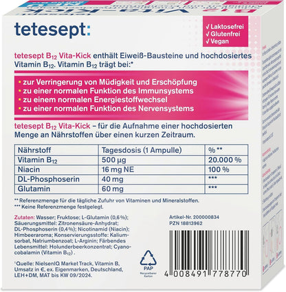 Tetesept B12 Vita-Kick Drinking Pads - Nutritional Supplements for Fast Energy & Performance - Vitamin B12 Ampoules with Protein Building Blocks - Monthly Pack à 28 Drinking Walls