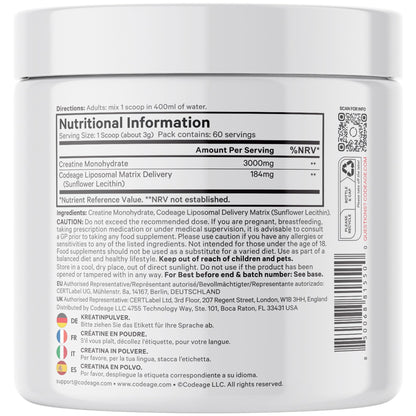 Buy ​Codeage Liposomal Creatine Monohydrate Powder - 3000 mg Per Serving, Tasteless, 60 Servings - Dietary Supplement Before and After Training - 2 Month Supply - OmniHealthRx Usa supplements
