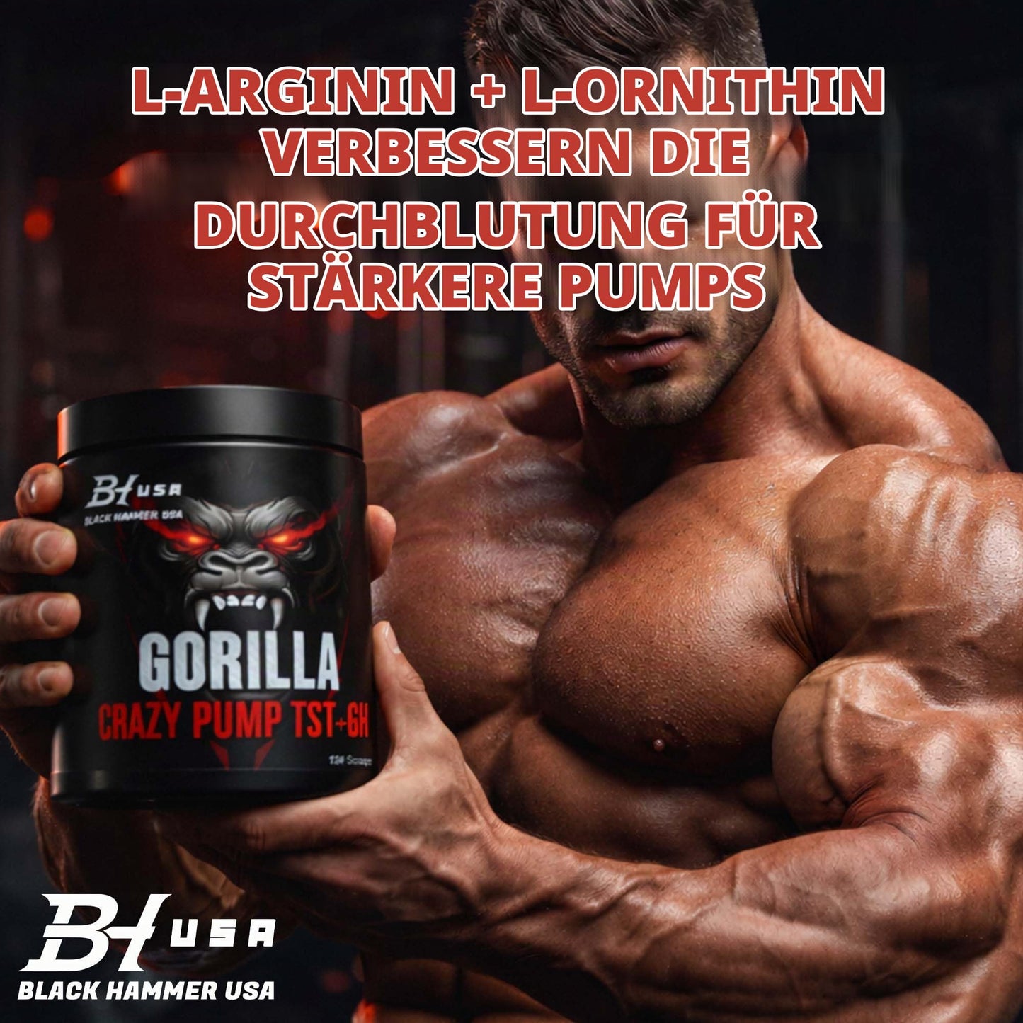 Gorilla Crazy Pump + TST+GH Pre Workout - Muscle Pump, Energy & Strength Support - Black Hammer USA (620 g, Orange)
