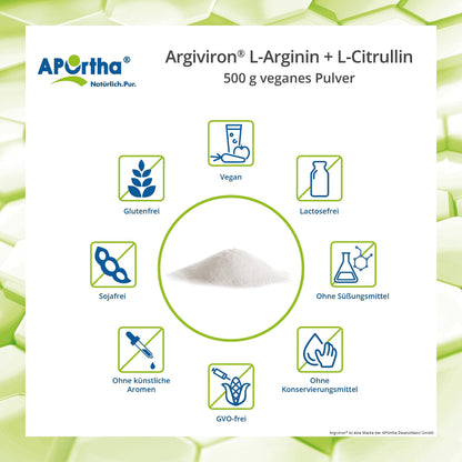 Aportha L-Arginine/L-Citrulline: 1.6 – 500g Powder | High dose in the ratio of 2 to 1.6 of L-arginine to L-citrulline, allergen-free, lactose-free and gluten-free