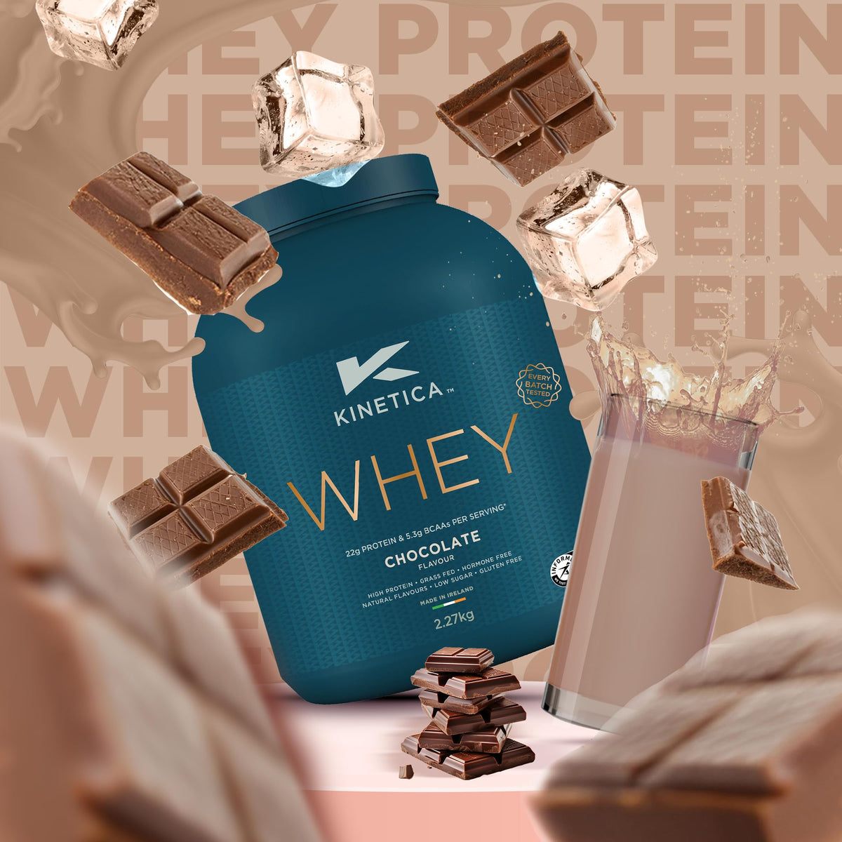 Kinetica Sports Whey Protein Powder - Chocolate Flavour |22g Protein/Serve, 76 Servings/2.27Kg Pack |Gluten Free Supplement | Optimum for Muscle Growth & Recovery |Mixes Well with Water, Milk & Shakes