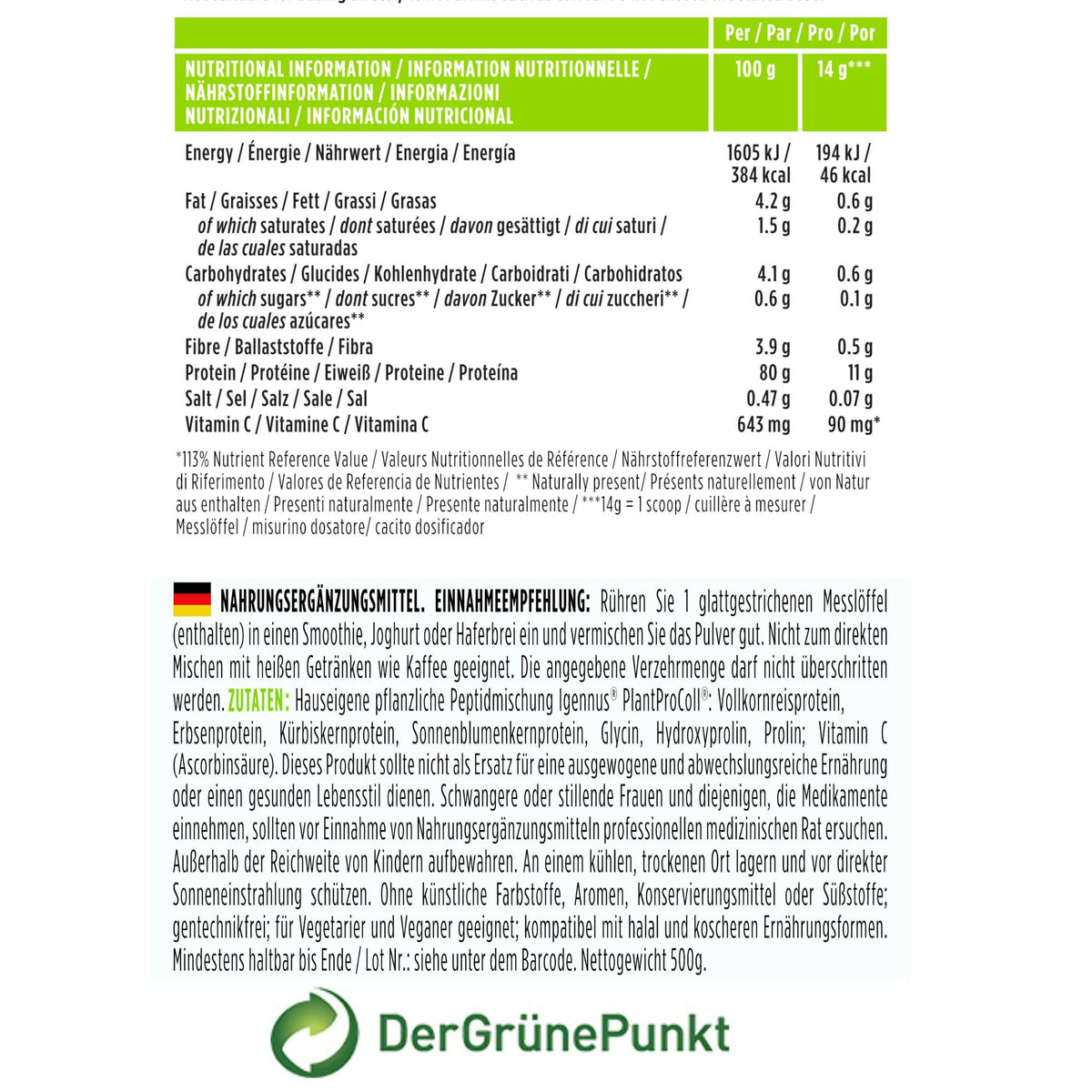Igennus Collagen Powder Vegan with Vitamin C, Vegetable Peptide Collagen with 21 Amino Acids and 80% Protein Protein, No Additives, 500 g
