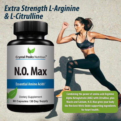 CRYSTAL PEAKS NUTRITION N.O. Max Nitric Oxide Supplement - L Arginine, Citrulline Malate, AAKG, Beta Alanine pre-Workout Performance Amino acids - 60 Capsules