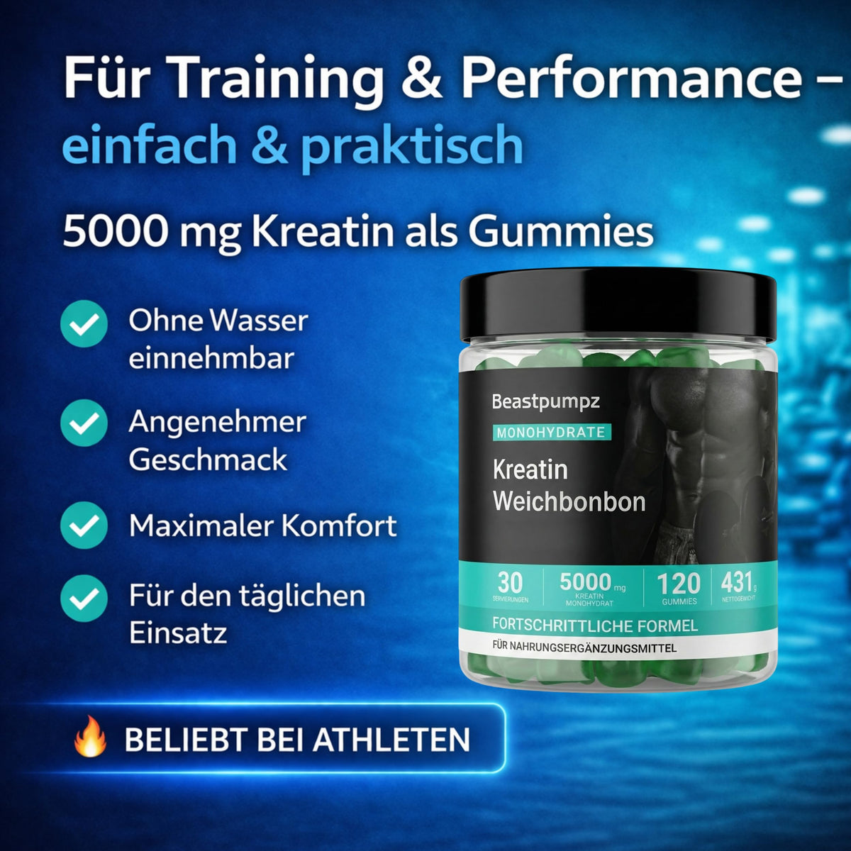 Creatine Monohydrate Gummies - 5000 mg Creatine per Serving - Fruit Gums for Muscle Building & Performance - 120 Gummies Blueberry - Flavour - Low Sugar - Free from Gluten, Lactose, Soy