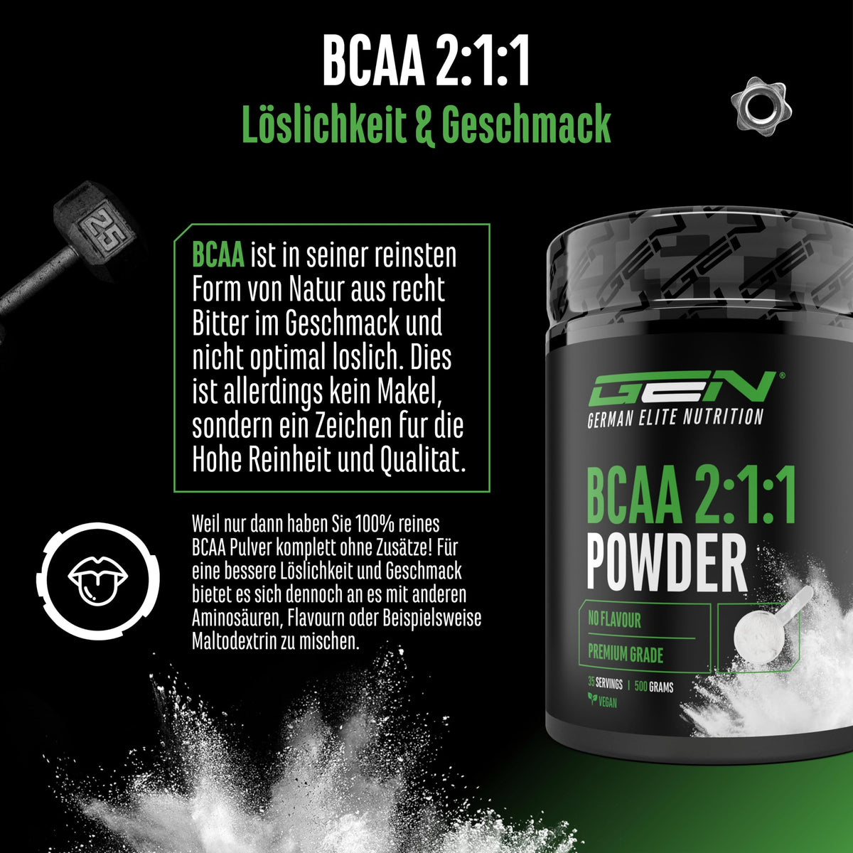 Gen German Elite Nutrition BCAA 2:1:1 Powder - 500 g - 35 Applications | With leucine - isoleucine - valine - neutral in taste - vegetable fermentation - without unnecessary additives - vegan