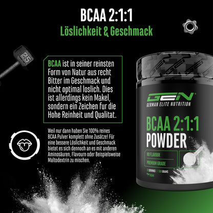 Gen German Elite Nutrition BCAA 2:1:1 Powder - 500 g - 35 Applications | With leucine - isoleucine - valine - neutral in taste - vegetable fermentation - without unnecessary additives - vegan