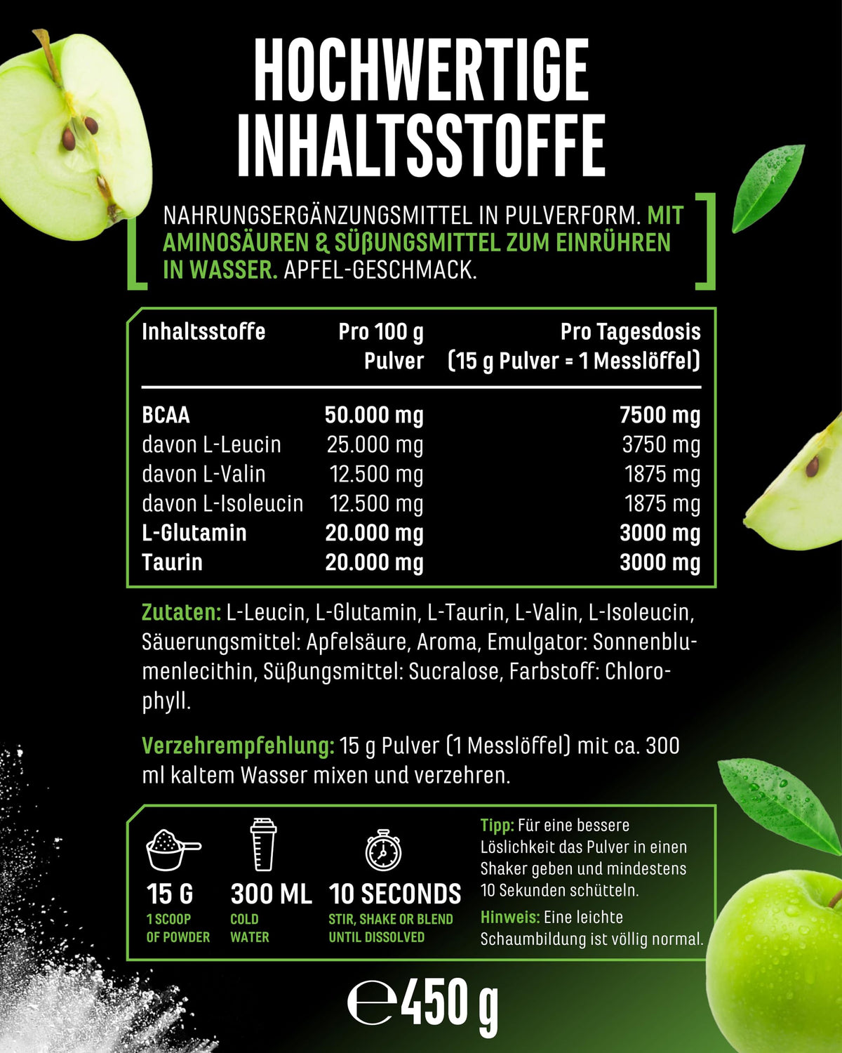 Gen German Elite Nutrition Advanced BCAA Powder 450 g - 2:1:1 BCAA | Taurine & Glutamine, Sweet Apple, 13,500 mg Amino Acids Per Serving, Instant Soluble, Vegan, 30 Servings