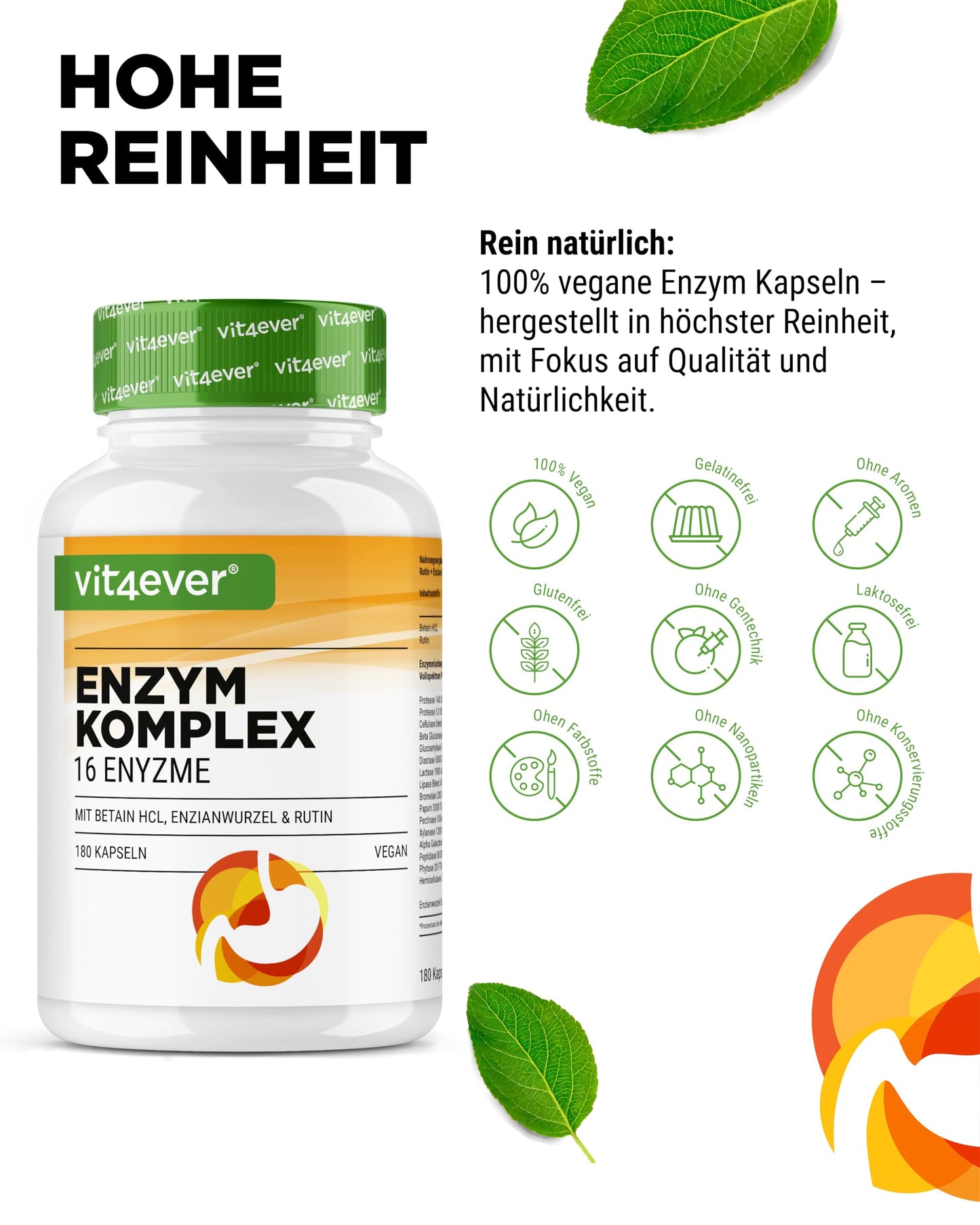 vit4ever Digestive Enzymes - 180 Enteric Juice-Resistant Capsules | Mit Betain HCL, Rutin, Enzianwurzel + 16 Enzyme: Bromelain, Papain, Amylase, Lipase, Protease, Laktase, Vegan & Laborgepruft