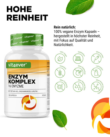 vit4ever Digestive Enzymes - 180 Enteric Juice-Resistant Capsules | Mit Betain HCL, Rutin, Enzianwurzel + 16 Enzyme: Bromelain, Papain, Amylase, Lipase, Protease, Laktase, Vegan & Laborgepruft