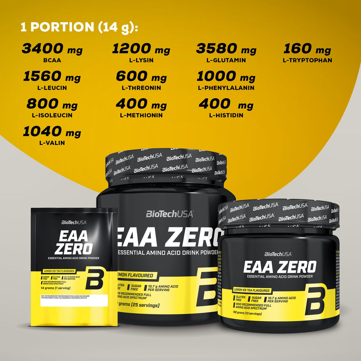 BioTechUSA EAA Zero, 9 Essential Amino Acids with L-Glutamine | Formulated according to WHO recommendation | Sugar and gluten free | Beverage powder | 350g Lemon Iced Tea