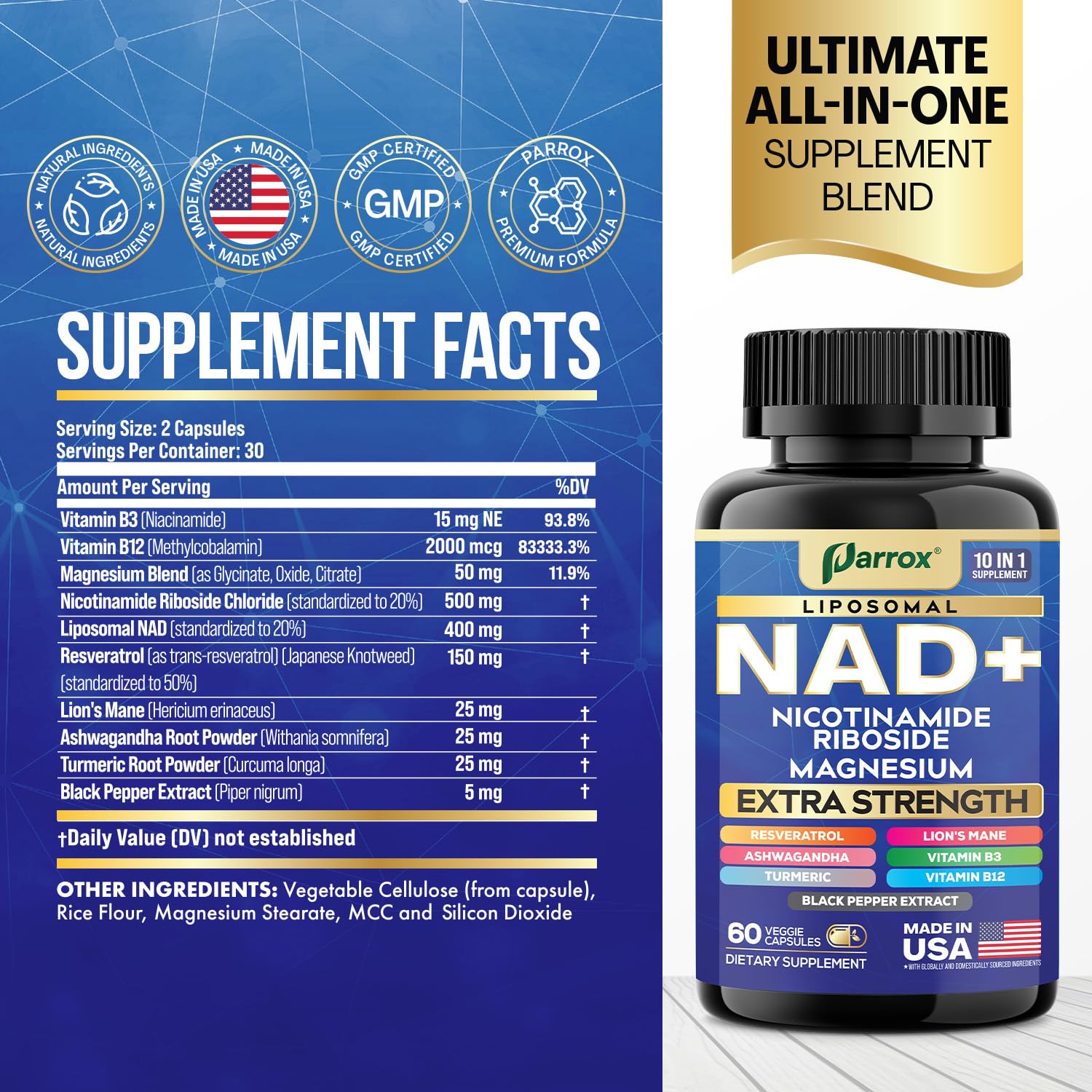 Parrox NAD+ Supplement with Liposomal NAD+, Nicotinamide Riboside, Magnesium, Vitamin B3 & B12, Resveratrol, Turmeric, Ashwagandha, Lion’s Mane,10-in-1 Extra Strength (2 Pack) ParroxBuy Supplements Australia