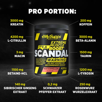 My Supps Scandal Extreme Muscle Pre Workout Training Booster - Watermelon with Creatine, Citrulline, Beta Alanine, Caffeine & Tyrosine for Energy - Gym Nutrition Supplement - 20 Servings 420 g