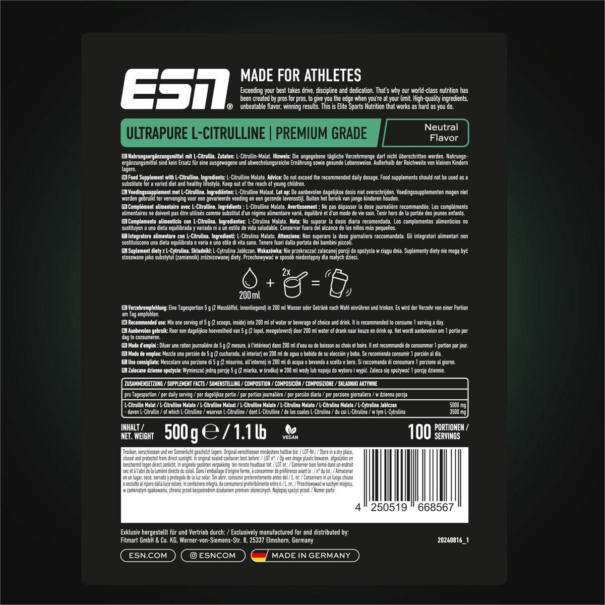 ESN Ultrapure L-Citrulline, 500g Bag, 100 Servings, Vegan | Microfine, versatile and vegan