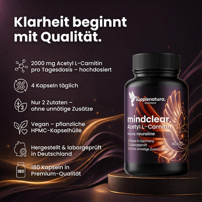 Supplenatura® Acetyl L Carnitine Capsules, Alcar, Neuroline | Laboratory tested quality, German manufacturing, clean label formula, long-term stock