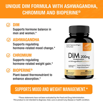 Sandhu's DIM Supplement 200 mg -60 Capsules - Diindolymethane with Ashwagandha & Bioperine Hormone Balance for Women & Men, Hormonal Acne Supplements Sandhu'sBuy Supplements Australia