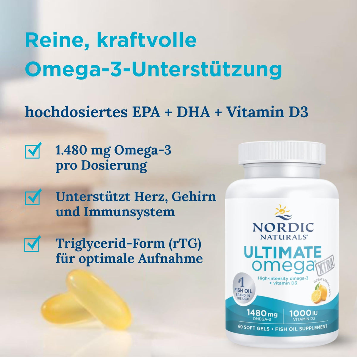 Nordic Naturals Ultimate Omega Xtra 1480 mg High Dose Omega 3 Fish Oil Capsules with EPA, DHA and Vitamin D3, High Dose, Lemon Flavour, 60 Soft Capsules, Soy Free, Gluten Free, GMO Free