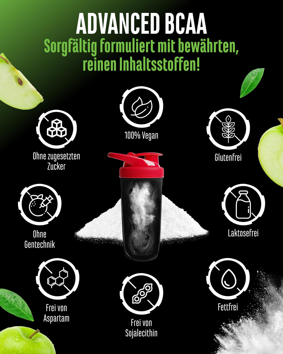 Gen German Elite Nutrition Advanced BCAA Powder 450 g - 2:1:1 BCAA | Taurine & Glutamine, Sweet Apple, 13,500 mg Amino Acids Per Serving, Instant Soluble, Vegan, 30 Servings