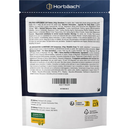 Horbaach L-Lysine High Dose Tablets 1475 mg | Pack of 120 Vegan | Pure L Lysine from L-Lysine HCl | From Vegetable Fermentation | Lysine Essential Amino Acids | by Horbaach